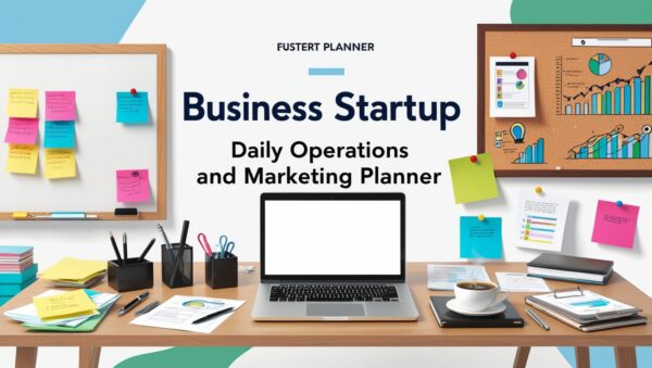 Business startup operations and marketing strategies illustration with planning, teamwork, and digital tools