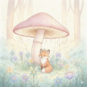 Tiny Crowned Fox Under Giant Mushroom
